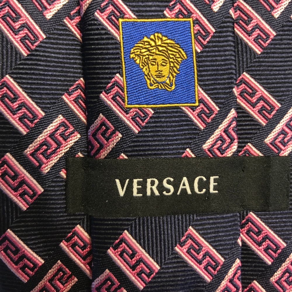 Versace Navy Silk Tie | Pink Geometric Designs